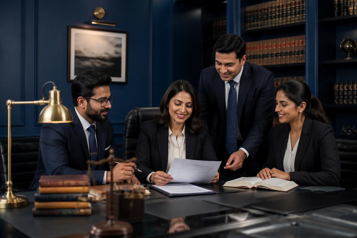 M and A Legal Co. attorneys reviewing documents in conference